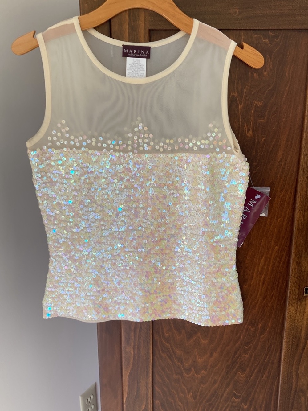 MARINA Iridescent Cream Sequin Sleeveless Top